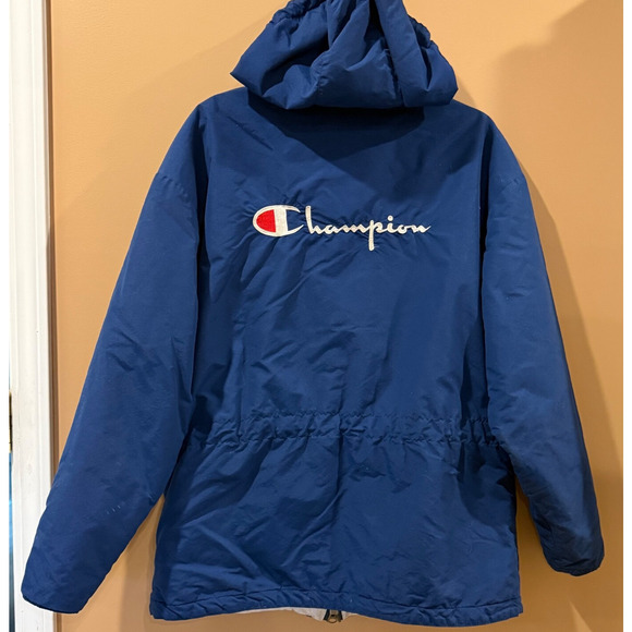 Vintage Champion Jacket Hoodie Medium Parka Zip Snap Closure Fully Lined Blue - Picture 3 of 14